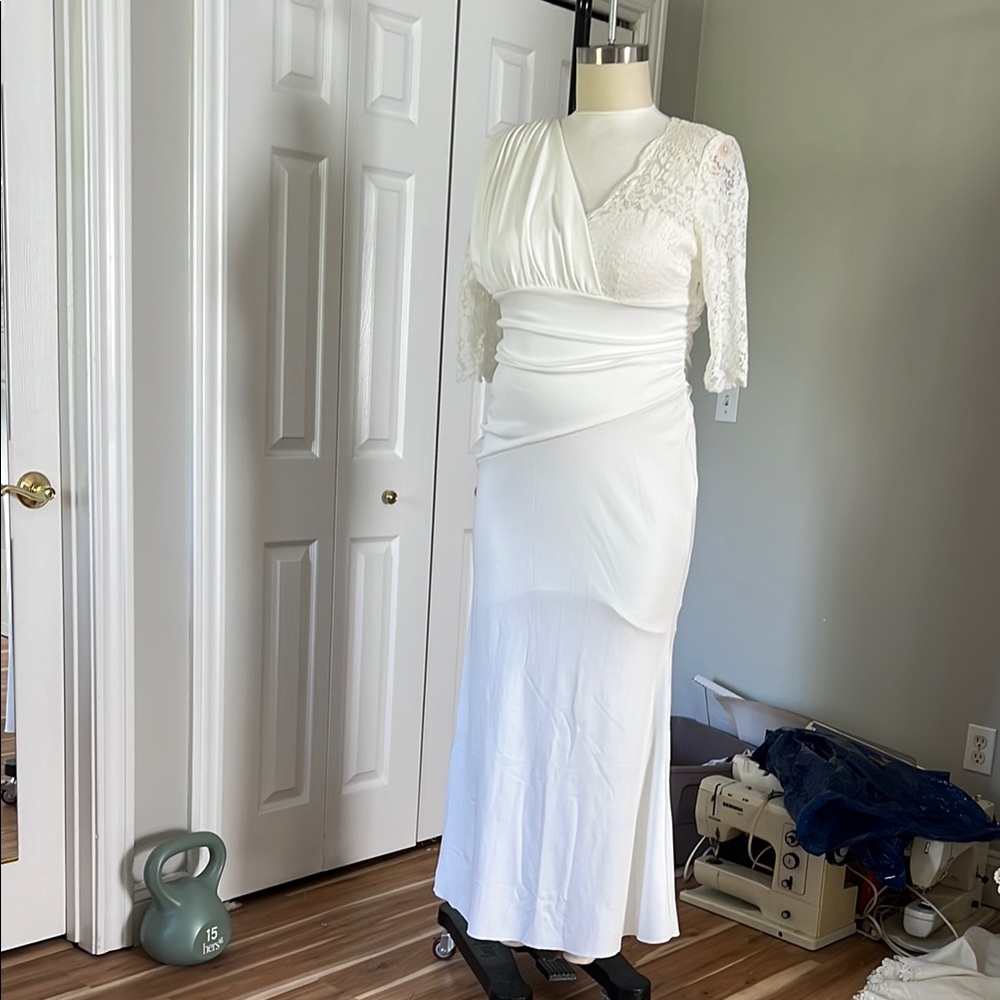 Cream One Shoulder lace sleeve Ruched Bridal Gown